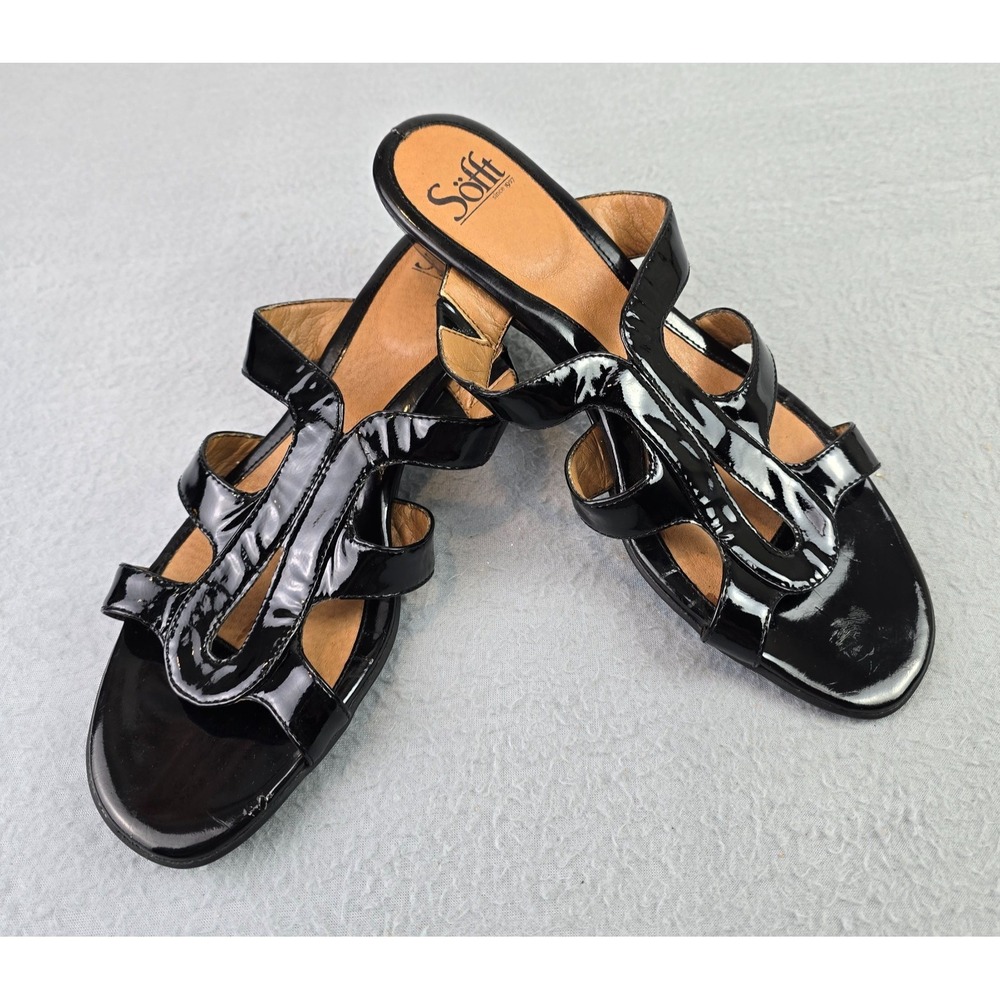 Söfft Black Patent Leather T-Strap Wedge Sandals Size 9.5 M Comfort Slip-On
